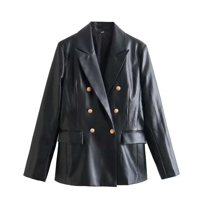 Damen Doppelreihige Kunstlederblazer Drune