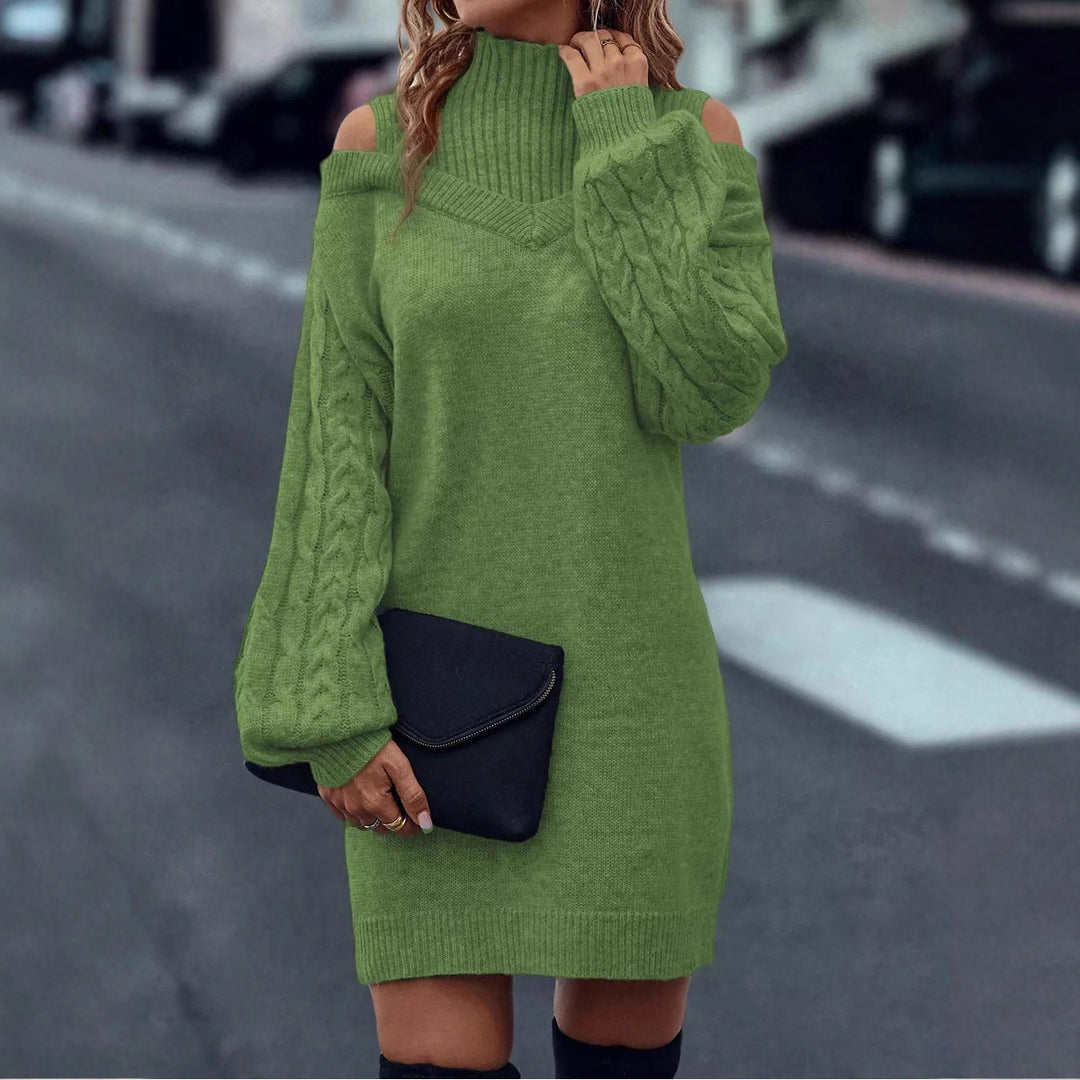 Damen Strickkleid mit hochgeschlossenem Kragen und offener Schulterpartie Drune