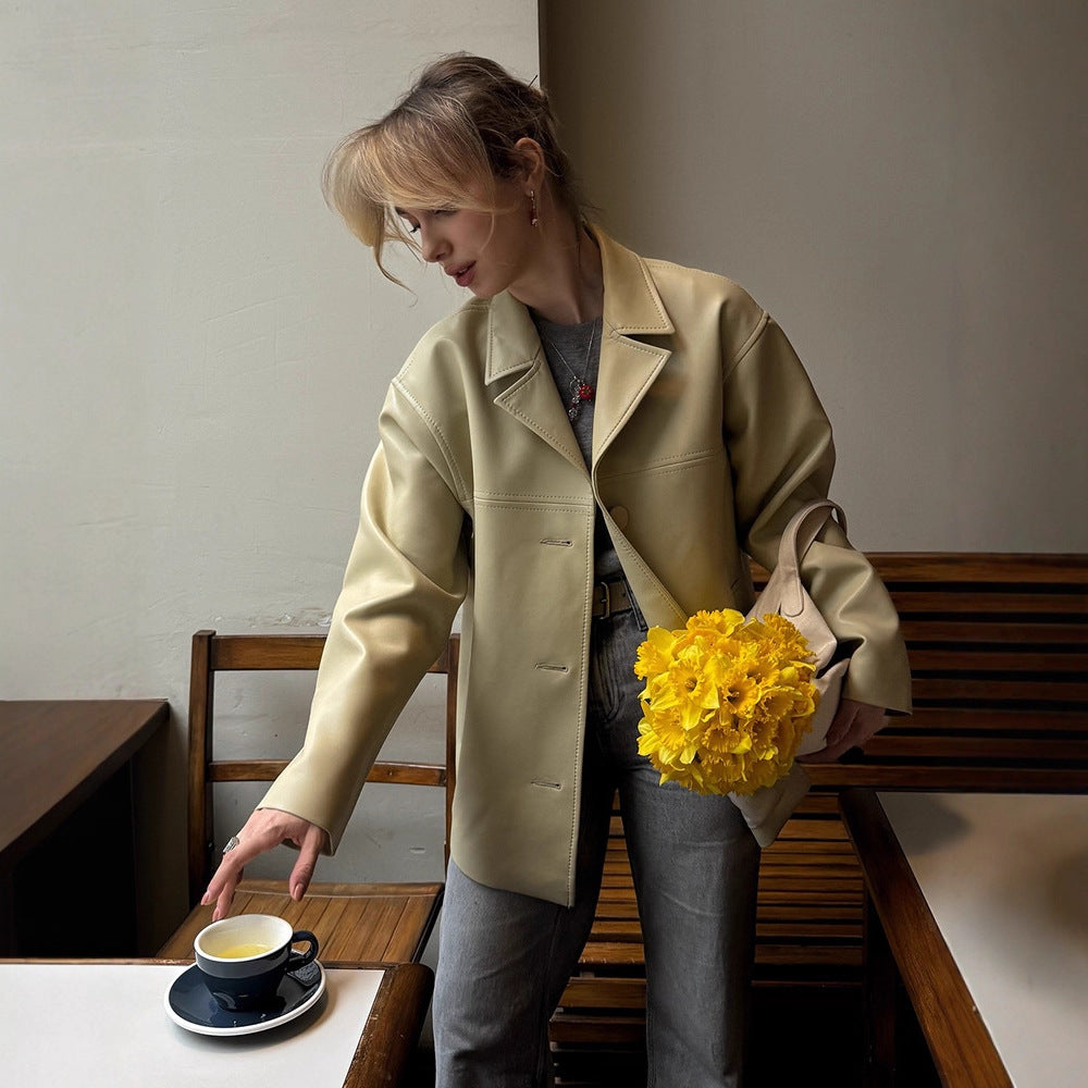 Damen Boxy Oversize Blazerjacke aus veganem Lederimitat mit überschnittener Schulter Drune