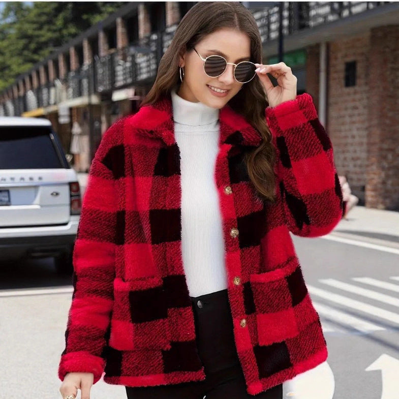 Damen nan gefütterte Karo Teddy-Fleece Shacket mit Knopfleiste und aufgesetzten Taschen Drune