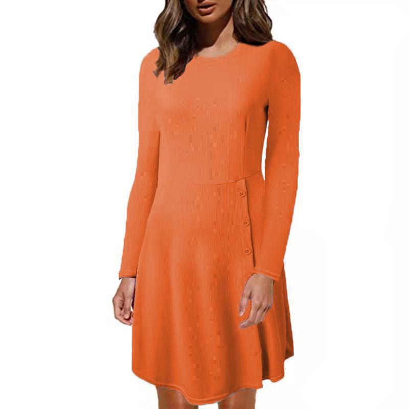 Damen Geripptes A‑Linien Kleid mit Rundhalsausschnitt, langen Ärmeln und seitlicher Knopfleiste Drune