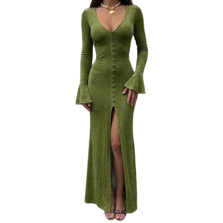 Damen Maxikleid mit figurbetonter Silhouette, durchgehender Zierknopfleiste und Glockenärmeln Drune