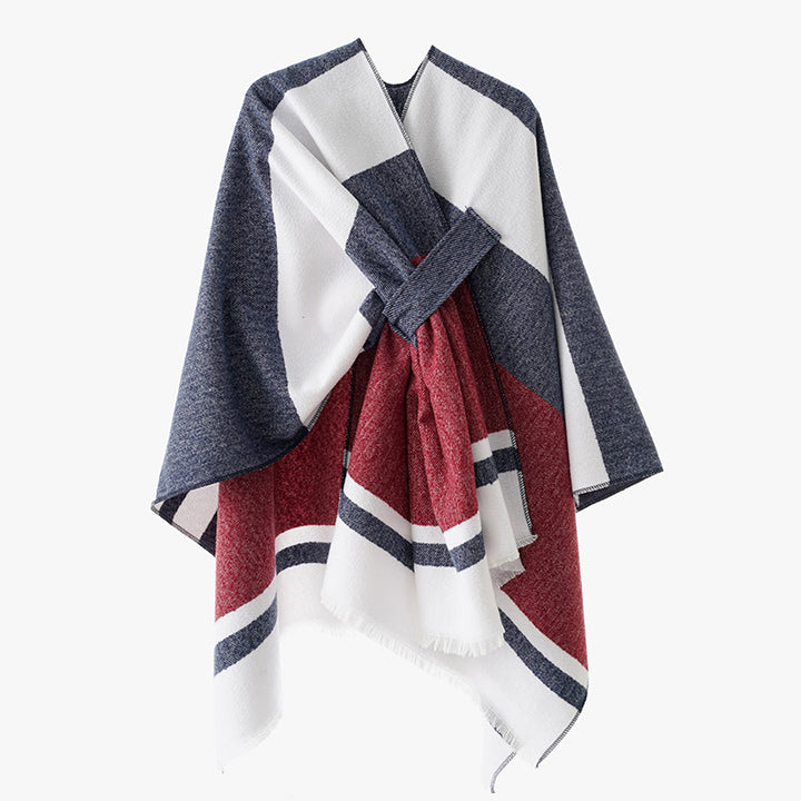 Damen Oversize-Capeponcho aus Wollmix mit Bindeschlaufe und Streifenbordüre Drune