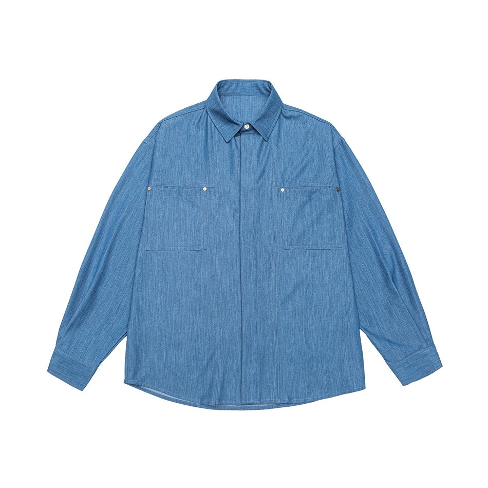 Herren Oversize Hemdjacke aus leichter Denim-Qualität mit verdeckter Knopfleiste und Brusttaschen Drune