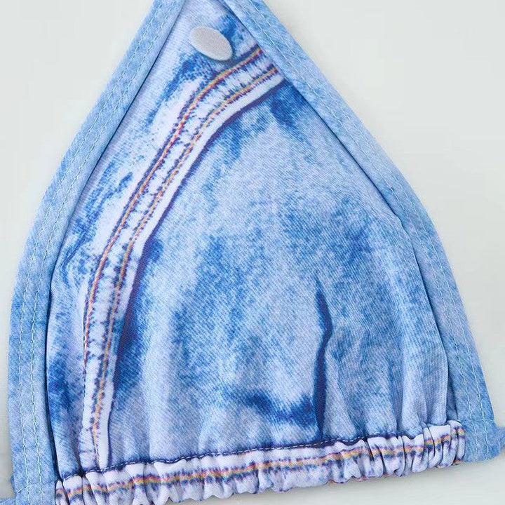 Damen Triangel-Bikini mit Jeans-Optik und geflochtenen Bindebändern Drune