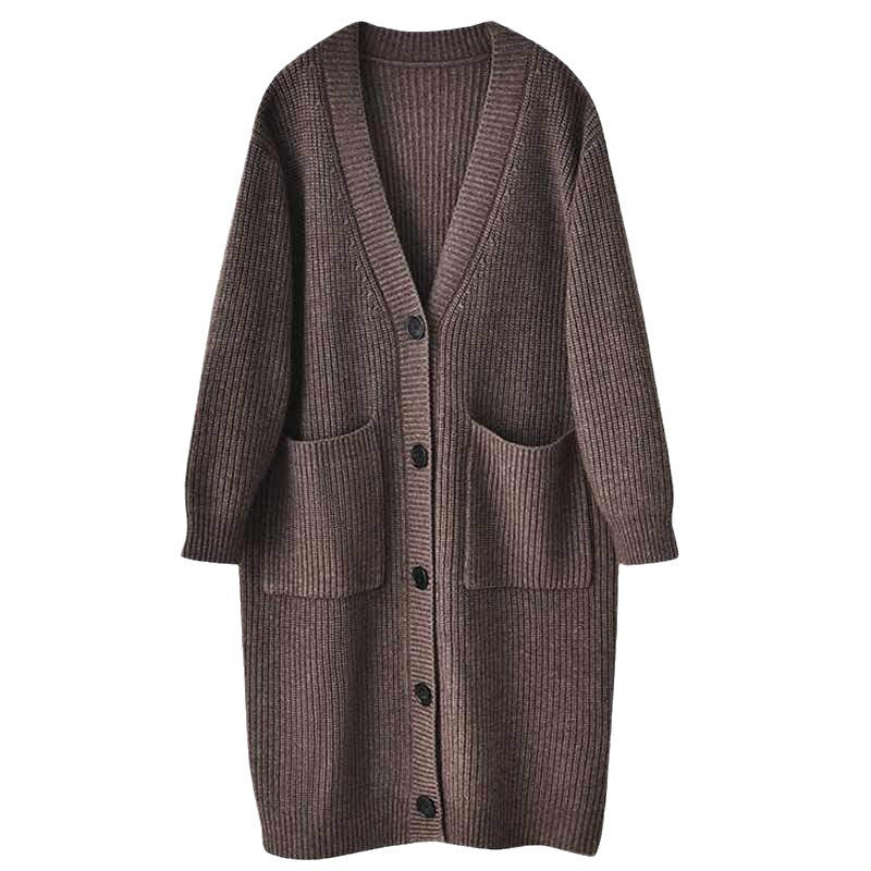 Damen lässiger Strickmantel mit großen Taschen und Knopfdetails Drune