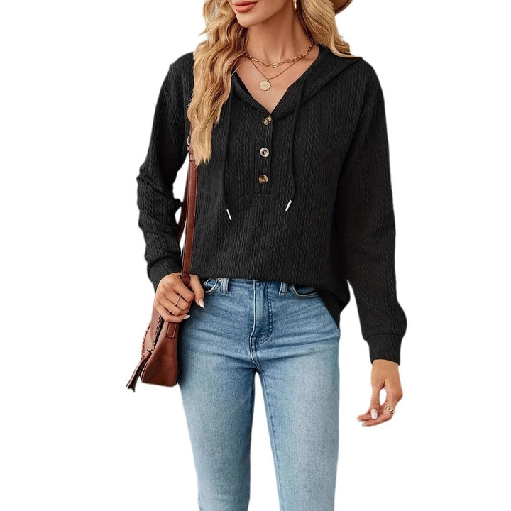 Damen lässiger Kapuzenpullover mit strukturiertem Gewebe und dekorativen Knopfdetails Drune
