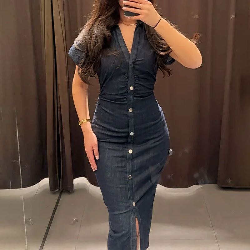 Damen Knielanges Denim Kleid mit elegantem Knopfdesign Drune