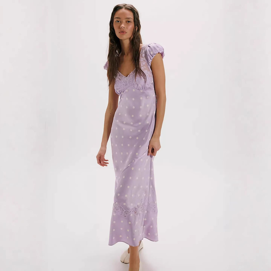 Damen Elegantes Maxikleid mit Polka-Dots und romantischem Rückenausschnitt Drune