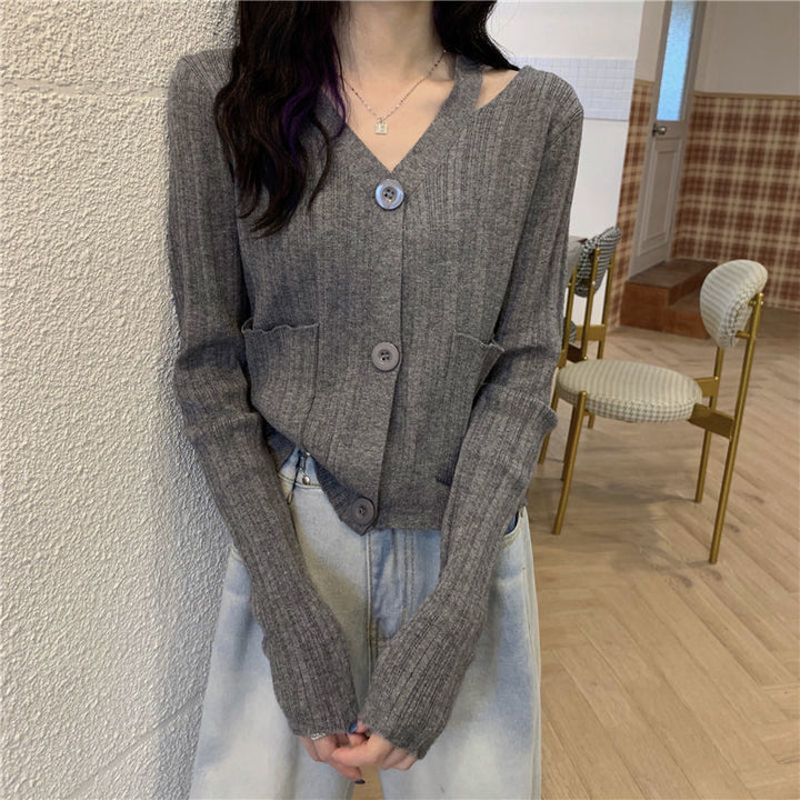 Damen Stilvolle Strickjacke mit V-Ausschnitt und Taschen Drune