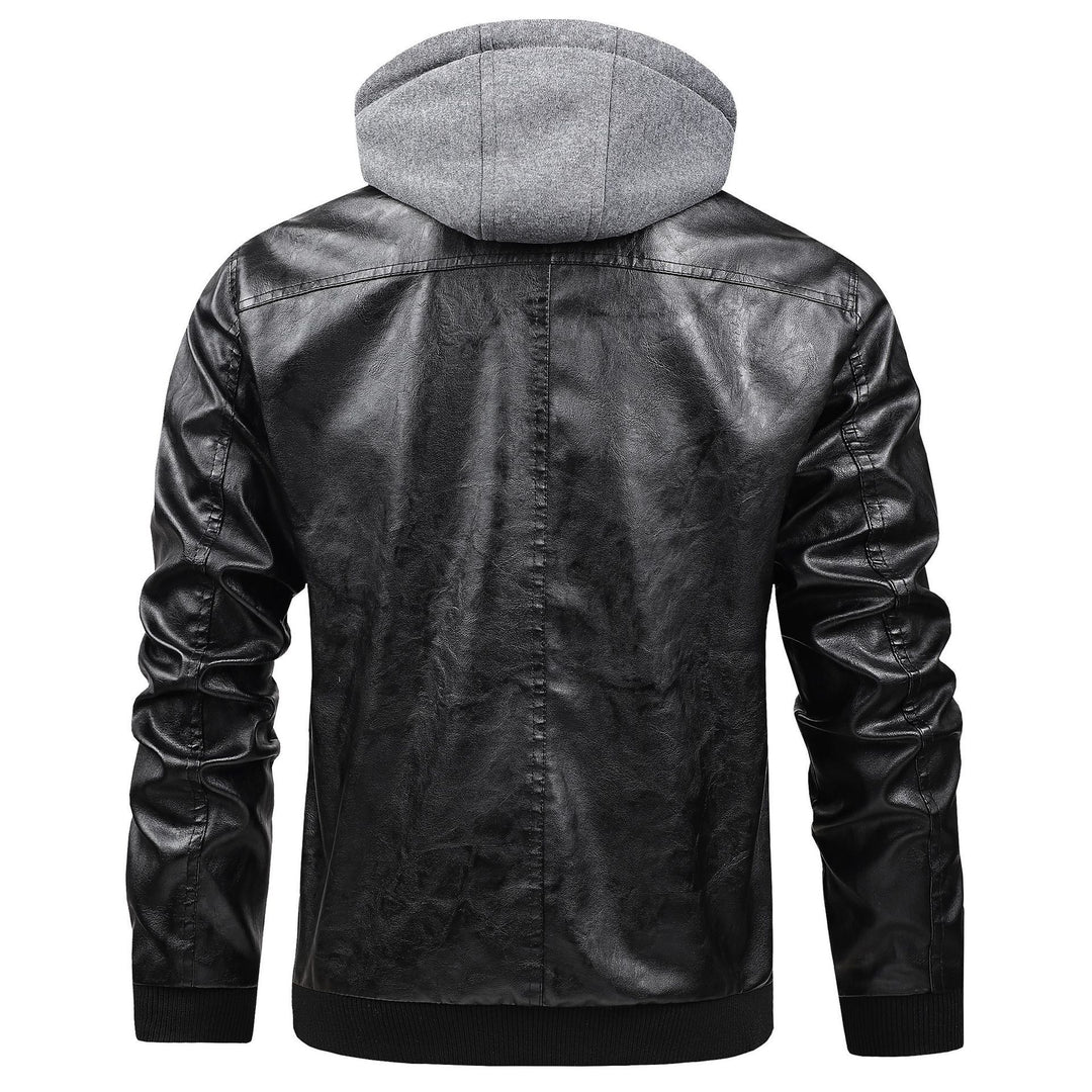 Herren Modische Kunstlederjacke mit abnehmbarer Kapuze Drune