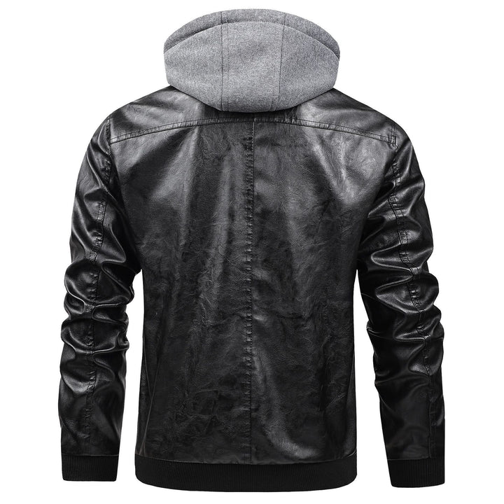 Herren Modische Kunstlederjacke mit abnehmbarer Kapuze Drune