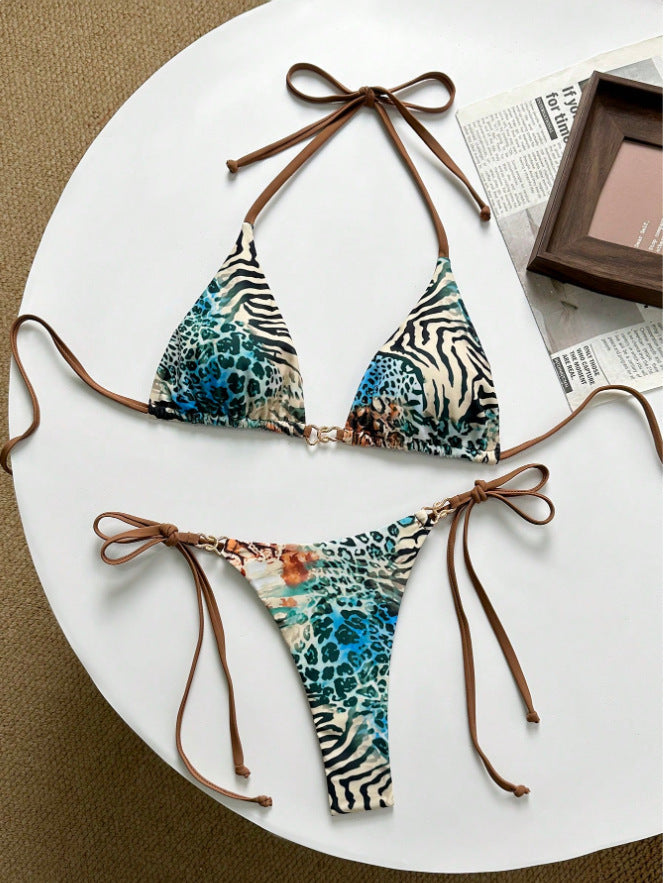 Damen Triangel-Bikini mit aufregendem animalischem Muster und modischen Bindebändern Drune