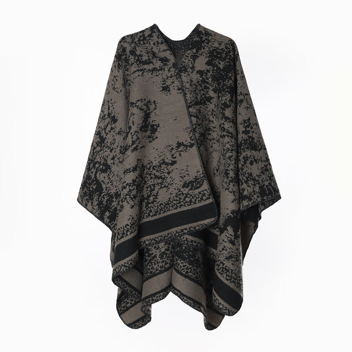 Damen Wollmix-Umhang im Poncho-Stil mit abstraktem Mélange‑Jacquard und Bordürenstreifen Drune