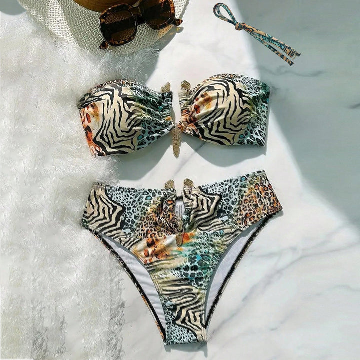 Damen Bandeau-Bikini mit animalischem Muster und dekorativem Verschluss Drune