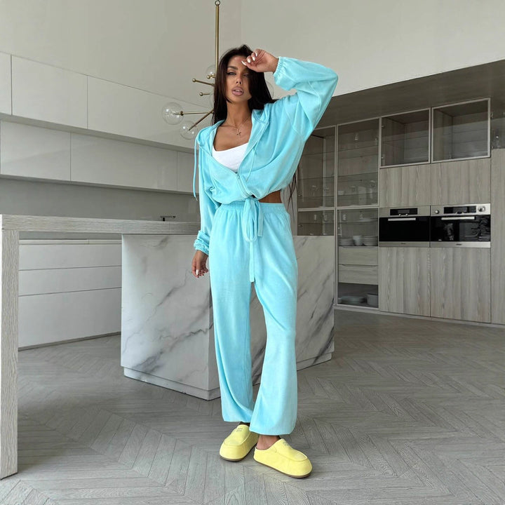 Damen weiches Velours Lounge-Set mit Kapuzenjacke, Reißverschluss und weiten Komforthosen Drune