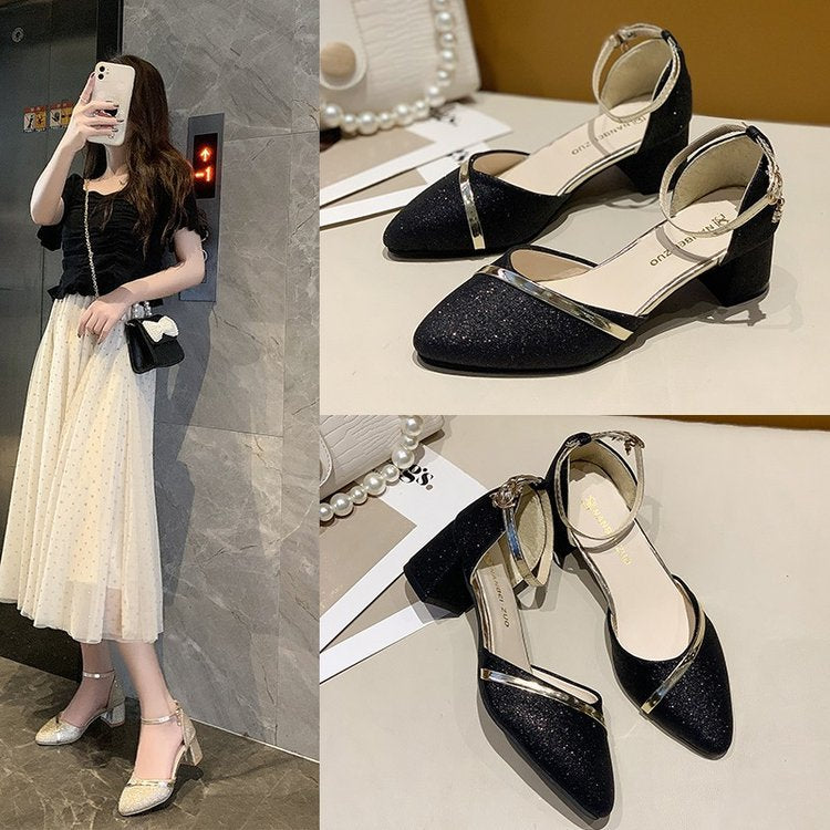 Damen elegante Schlupf-Pumps mit transparentem Riemchen und modischem Glitter Drune