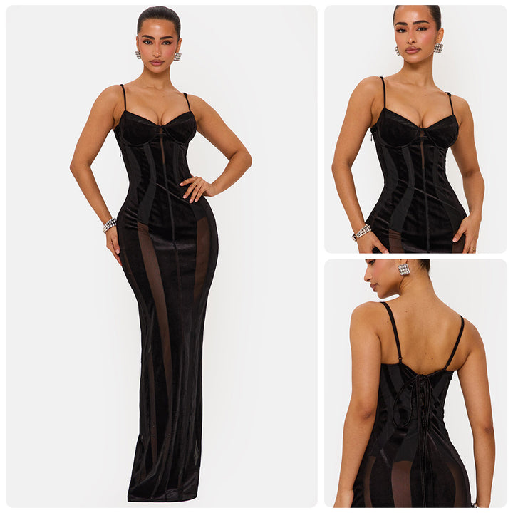 Damen Bodycon Kleid mit raffiniertem Korsett-Oberteil und transparenten Einsätzen Drune