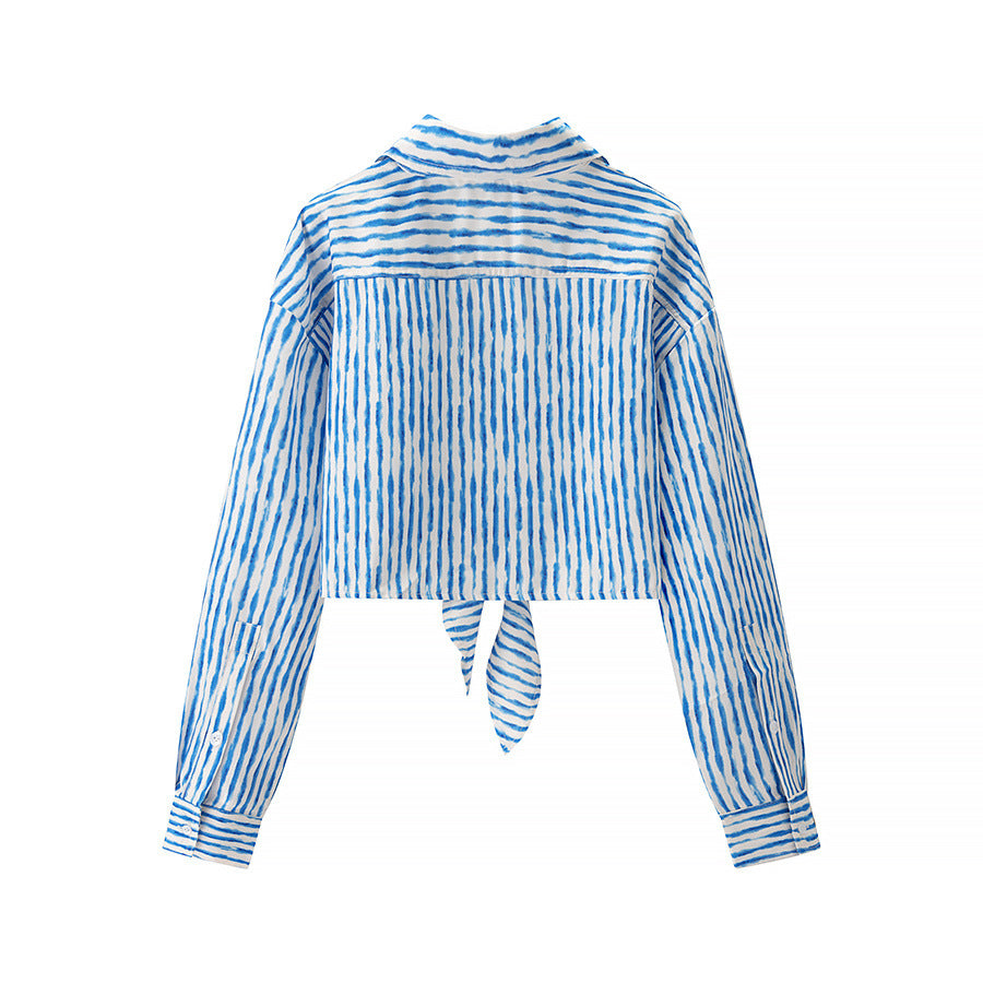 Damen nan geknotete Cropped-Bluse mit Hemdkragen und langen Ärmeln Drune
