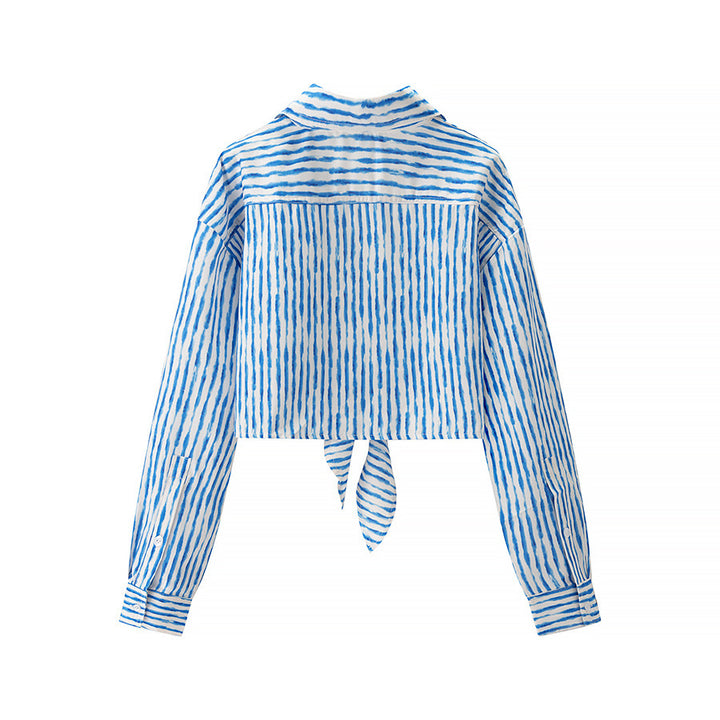 Damen nan geknotete Cropped-Bluse mit Hemdkragen und langen Ärmeln Drune