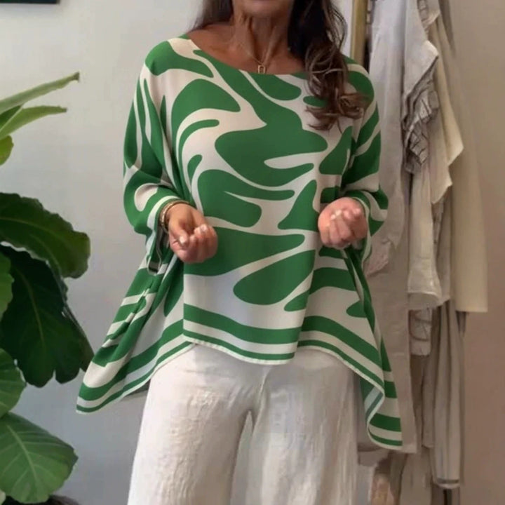 Damen Oversize Sommerbluse mit abstraktem Print, Fledermausärmeln und asymmetrischem Saum Drune