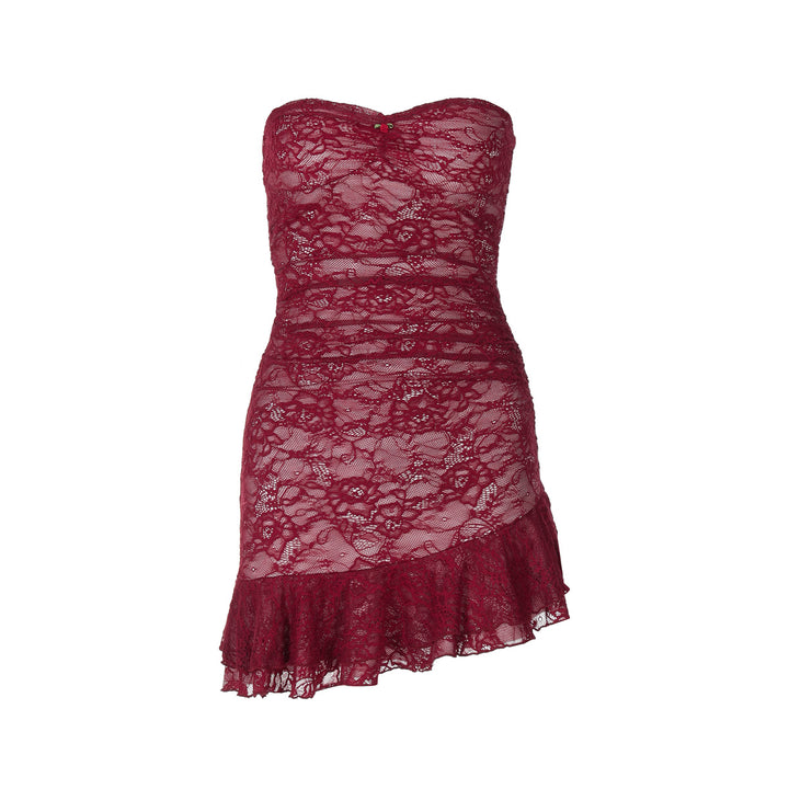 Damen Spitzenkleid mit schulterfreiem Design und eleganter Rüschendetail Drune