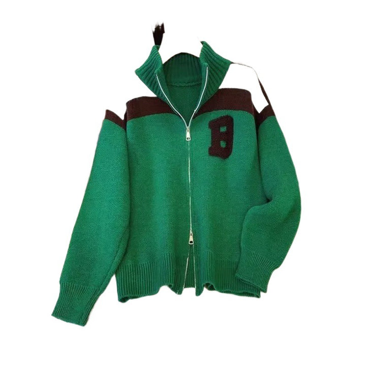 Damen Sportlicher Stehkragen-Strickpullover mit Reißverschluss und kontrastierenden Details Drune