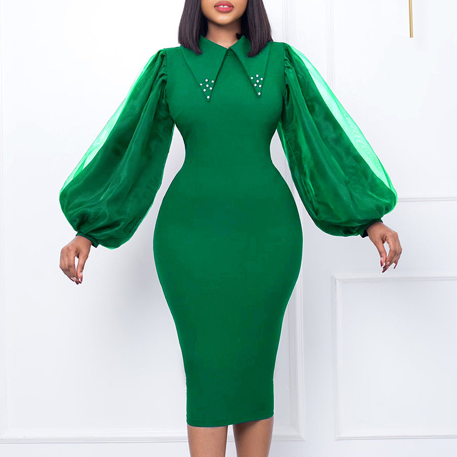 Damen Etuikleid mit Puffärmeln und eleganter Kragenverzierung Drune