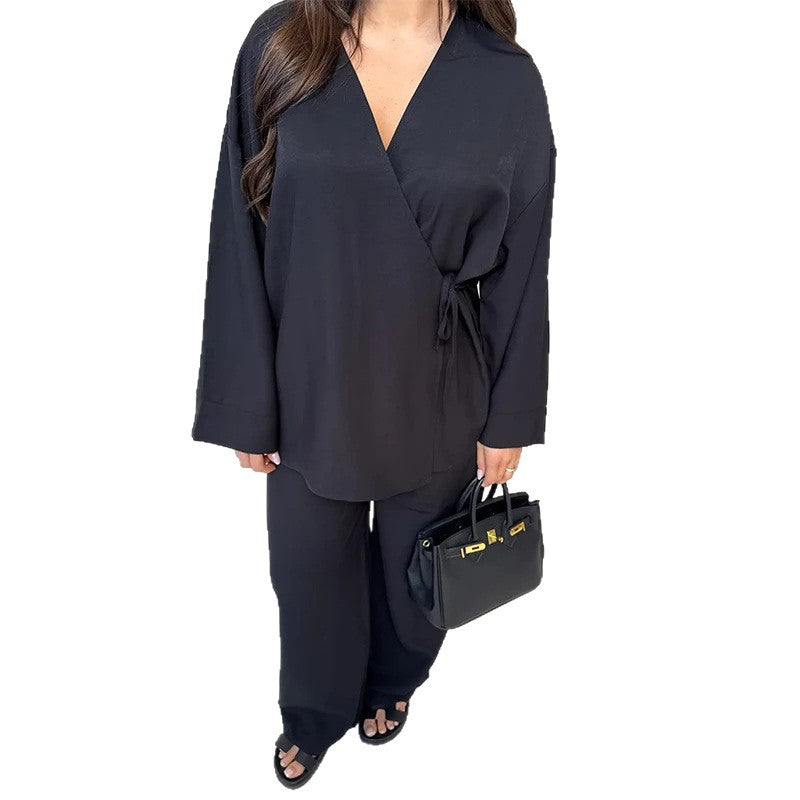 Damen Leichtes Loungewear Set mit Wickeljacke und weiten Haremshosen Drune