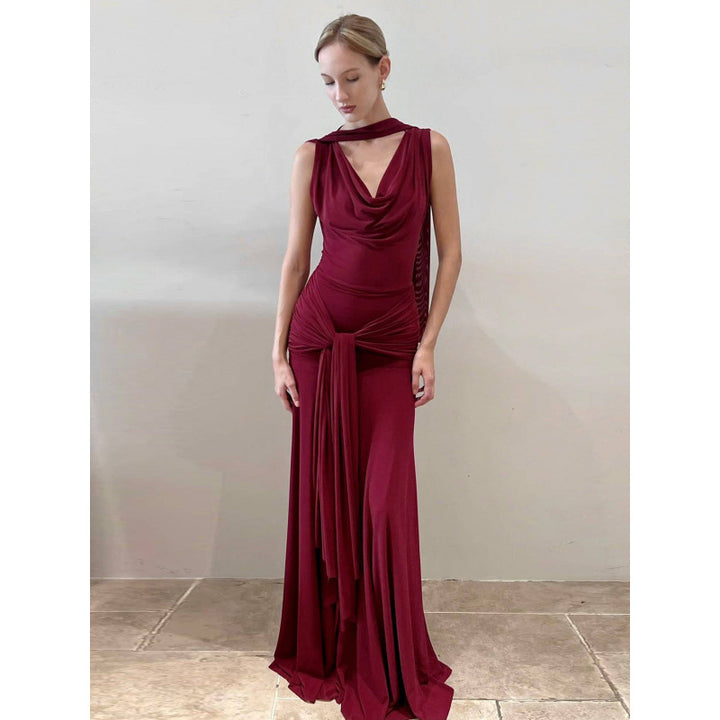 Damen schulterfreies Wickelmaxikleid mit drapiertem Oberteil und seitlichem Bindegürtel Drune