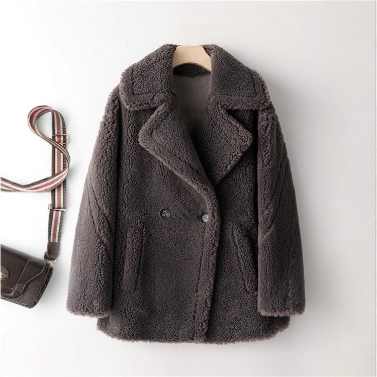 Damen kuscheliger Teddycoat mit doppelter Knopfleiste und Taschen Drune