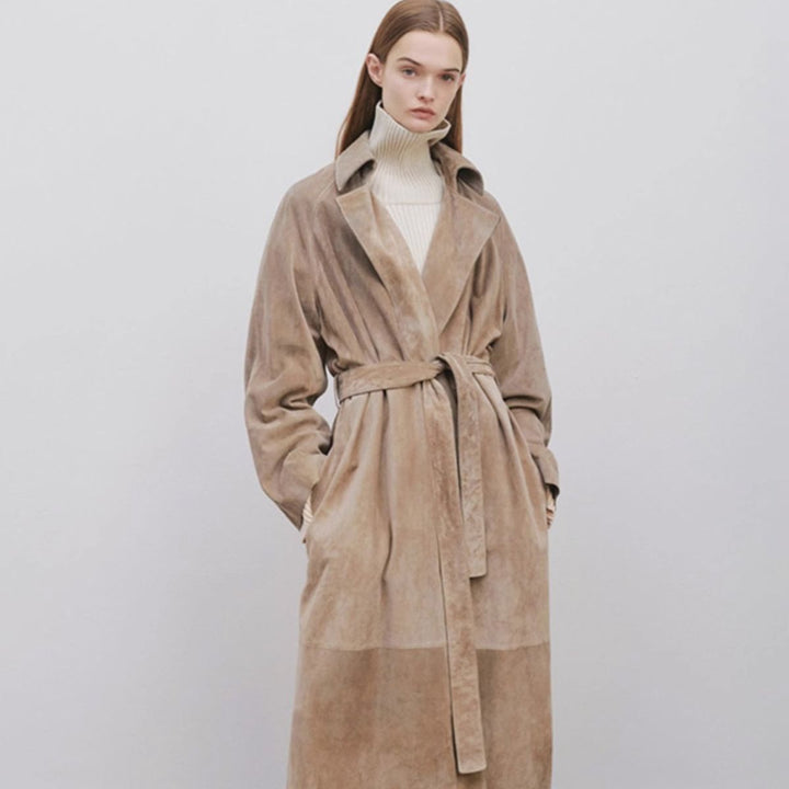 Damen Eleganter und modischer Trenchcoat aus hochwertigem Wildleder Drune