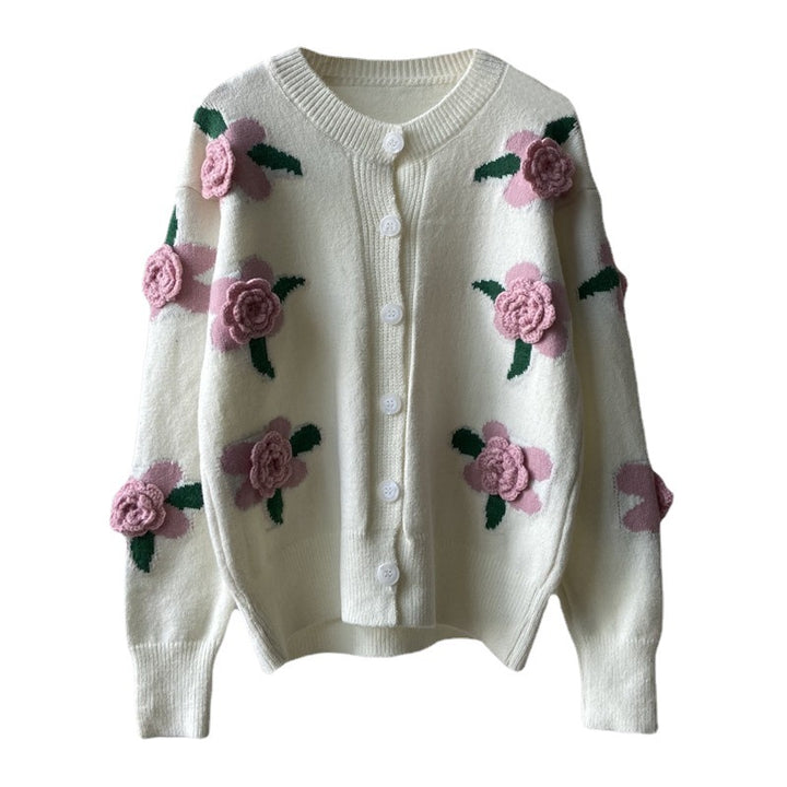 Damen Strickjacke mit kunstvollem Blumenmuster und Knopfverschluss Drune