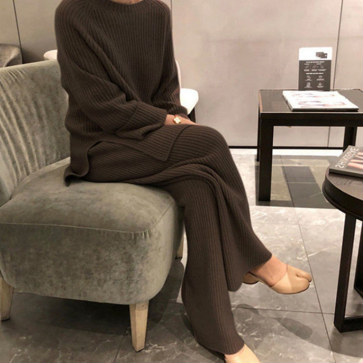 Damen modisches Strickensemble mit lässigem Pullover und weitem Hosenabschluss Drune