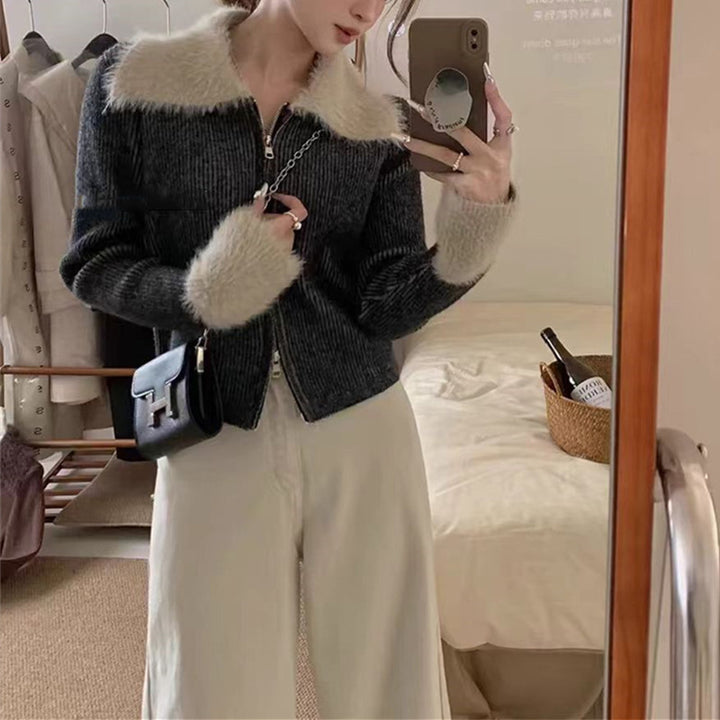 Damen Strickjacke mit luxuriösem Kragen und Reißverschluss Drune