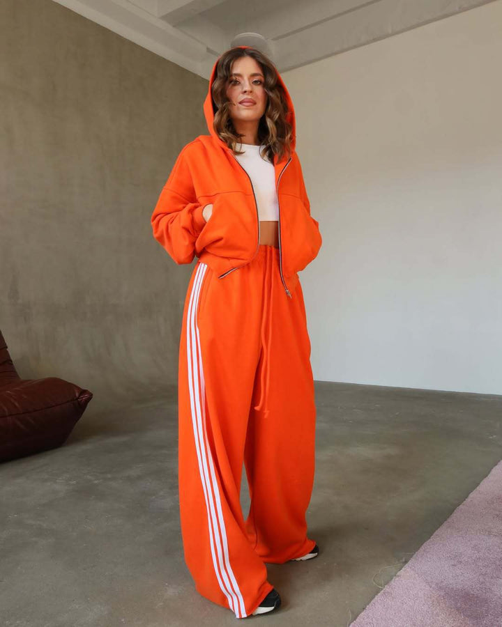 Damen lässiger Freizeit-Jogginganzug mit cropped Sweatjacke und weiten Hosen Drune