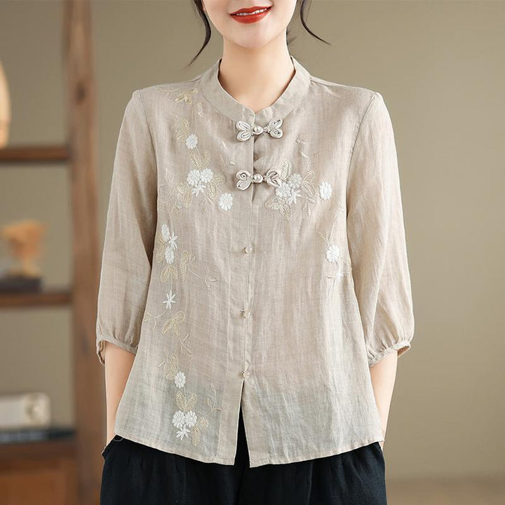 Damen Bestickte Bluse mit halben Ärmeln und Mandarin-Kragen Drune