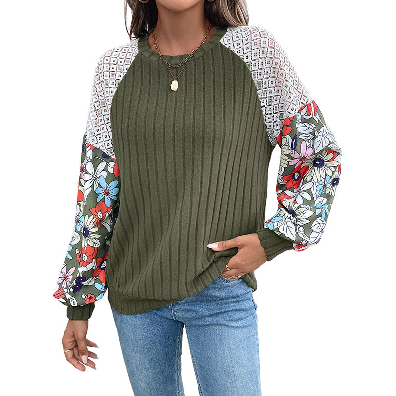 Damen Gerippter Strickpullover mit Häkel-Schulter & gDrunelümten Ballonärmeln Drune