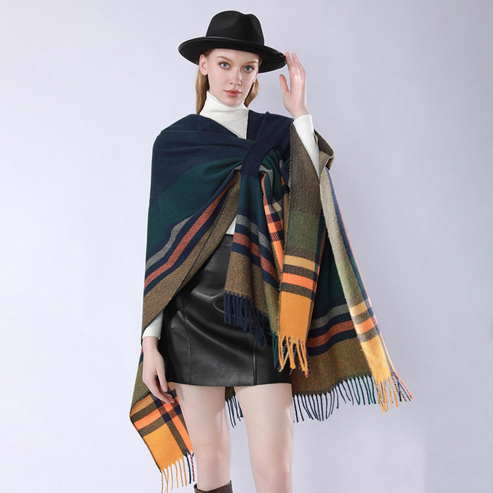 Damen Oversize‑Poncho‑Überwurf mit Tunnelzug, Karomuster und Fransensaum Drune