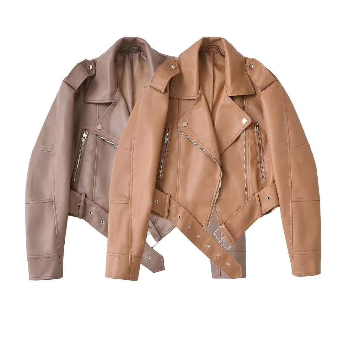 Damen taillierte Kunstleder-Bikerjacke mit Gürtel Drune