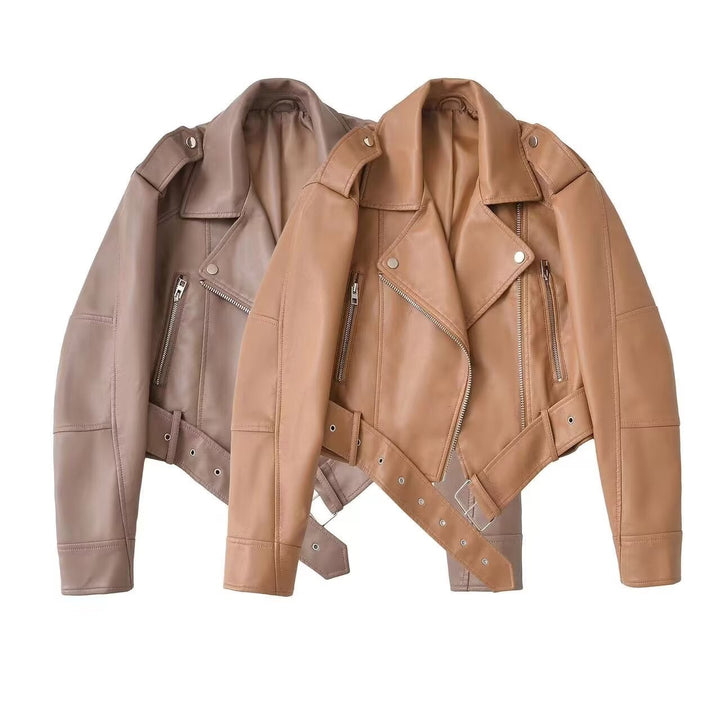 Damen taillierte Kunstleder-Bikerjacke mit Gürtel Drune