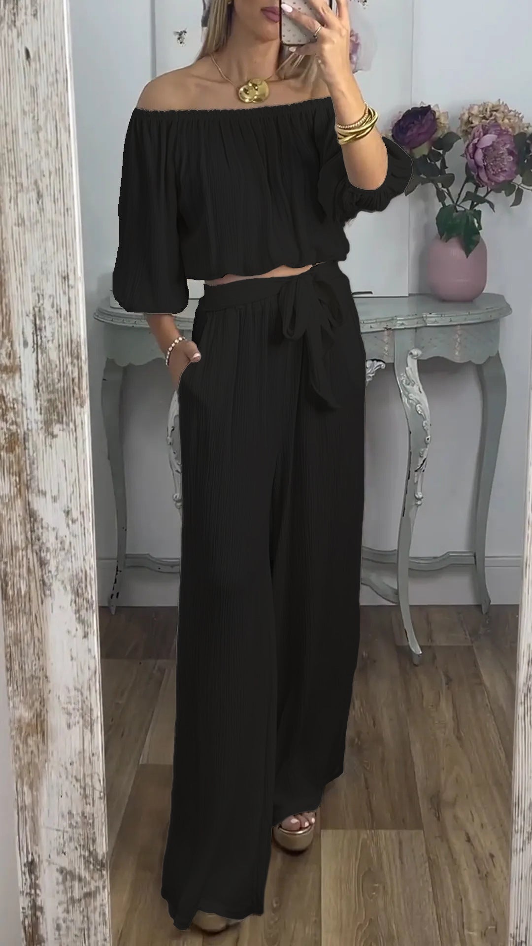 Damen Weites Hosenensemble mit raffiniertem Crop-Oberteil Drune