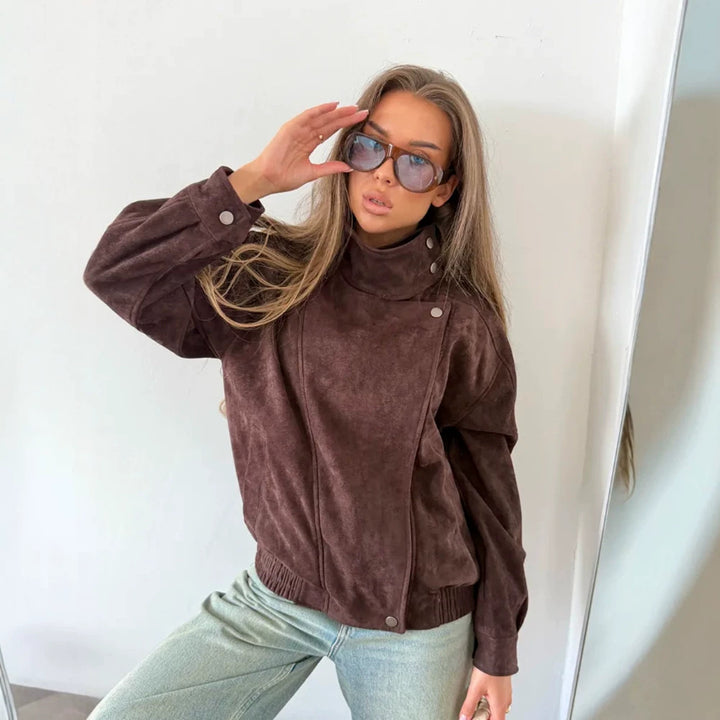 Damen Oversize Wildleder‑Optik Bikerjacke mit hohem Stehkragen Drune
