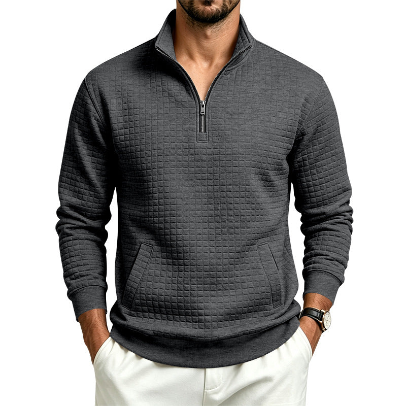 Herren Strukturiertes Stehkragen-Halbzip-Sweatshirt mit Karomuster und Kängurutasche Drune