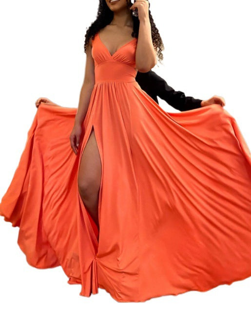 Damen Elegantes Maxikleid mit verführerischem V-Ausschnitt und hohem Schlitz Drune