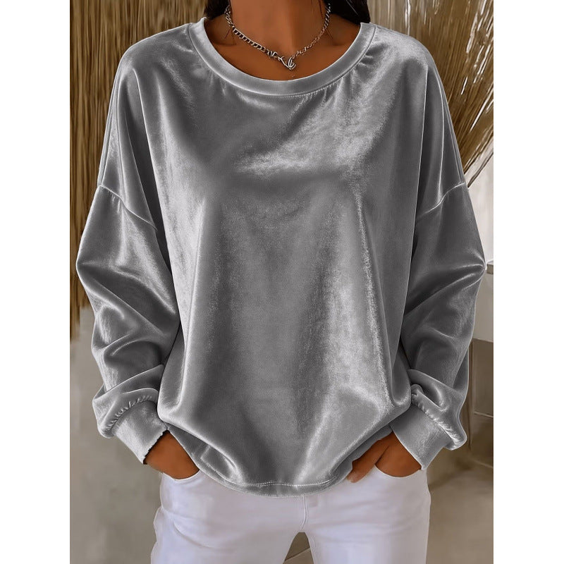 Damen Samt-Oversize-Sweatshirt mit Rundhalsausschnitt und eingesetzter Schulter Drune