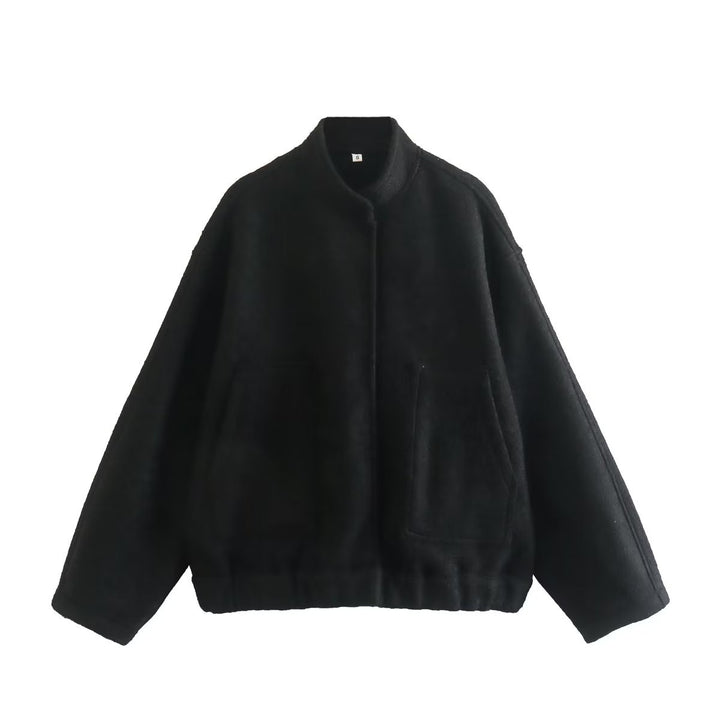 Damen nan boxy Wollmix-Blouson mit Stehkragen, verdeckter Frontleiste, Eingrifftaschen und elastischem Saum Drune