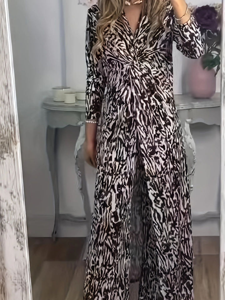 Damen Maxikleid mit V-Ausschnitt, Knotendetail und Animal-Print Drune