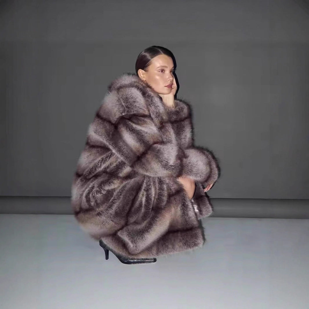 Damen Luxuriöser Oversize-Kunstpelzmantel mit Kapuze und satiniertem Futter Drune