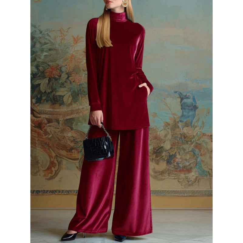 Damen Oversize-Samt-Set mit Rollkragen und weitem Palazzohose Drune